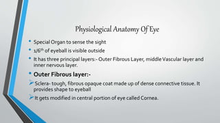 Physiological Anatomy Of Eye
• Special Organ to sense the sight
• 1/6th of eyeball is visible outside
• It has three principal layers:- Outer Fibrous Layer, middleVascular layer and
inner nervous layer.
• Outer Fibrous layer:-
Sclera- tough, fibrous opaque coat made up of dense connective tissue. It
provides shape to eyeball
It gets modified in central portion of eye called Cornea.
 