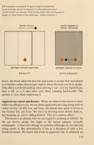 7.7 Induced movement. A spot of light is projected
on to a screen which is moved. It is the stationary spot
which is seen as moving. This occurs when the moving part is
larger, or more likely to be stationary. (After Duncker.)
screen moves
~~^
•
1^
IJ
screen appears to
remain stationary
spotlight remains stationary
REALITY
spotlight appears to move
APPEARANCE
move, the brain takes the best bet and tends to accept that movement
is of smaller rather than larger objects when the issue can be in doubt.
(The effect can be disturbing when driving a car - is it my hand-brake
that is off, or is it that idiot over there running backwards? The
answer is very often important!)
Apparent movement and distance When we observe the moon or stars
while travelling in a car, we see them apparently moving along with us
rather slowly. At fifty km. per hour, the moon may seem to move at
ten-twenty km. per hour. We see it as moving more slowly than us,
but keeping up, never falling behind. This is a curious effect.
The moon is so distant that we can regard it as being at infinity. As
the car moves along, the angle to the moon remains virtually
unchanged - it does not change its position although we are moving
along under it. But perceptually it lies at a distance of only a few
hundred metres. We know this from its apparent size. It subtends an
115
 