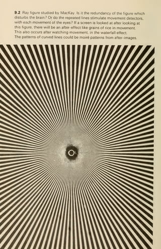 9.2 Ray figure studied by MacKay. Is it the redundancy of the figure which
disturbs the brain? Or do the repeated lines stimulate movement detectors,
with each movement of the eyes? If a screen is looked at after looking at
this figure, there will be an after-effect like grains of rice in movement.
This also occurs after watching movement, in the waterfall effect
The patterns of curved lines could be moire patterns from after-images.
 