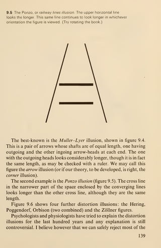 9.5 The Ponzo, o railway lines illusion. The upper horizontal line
looks the longer. This same line continues to look longer in whichever
orientation the figure is viewed. (Try rotating the book.)
The best-known is the Muller-Lyer illusion, shown in figure 9.4.
This is a pair of arrows whose shafts are of equal length, one having
outgoing and the other ingoing arrow-heads at each end. The one
with the outgoing heads looks considerably longer, though it is in fact
the same length, as may be checked with a ruler. We may call this
figure the arrow illusion (or if our theory, to be developed, is right, the
corner illusion).
The second example is the Ponzo illusion (figure 9.5). The cross line
in the narrower part of the space enclosed by the converging lines
looks longer than the other cross line, although they are the same
length.
Figure 9.6 shows four further distortion illusions: the Hering,
Poggendorf, Orbison (two combined) and the Zollner figures.
Psychologists and physiologists have tried to explain the distortion
illusions for the last hundred years and any explanation is still
controversial. I believe however that we can safely reject most of the
139
 
