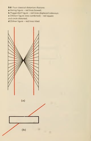 9.6 Four classical distortion illusions:
a Hering figure - red lines bowed;
b Poggendorf figure - red lines displaced sideways;
c Orbison figure (two combined) - red square
and circle distorted;
d Zollner figure - red lines tilted.
 