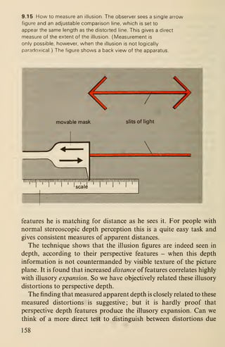 9.15 How to measure an illusion. The observer sees a single arrow
figure and an adjustable comparison line, which is set to
appear the same length as the distorted line. This gives a direct
measure of the extent of the illusion. (Measurement is
only possible, however, when the illusion is not logically
paradoxical ) The figure shows a back view of the apparatus.
features he is matching for distance as he sees it. For people with
normal stereoscopic depth perception this is a quite easy task and
gives consistent measures of apparent distances.
The technique shows that the illusion figures are indeed seen in
depth, according to their perspective features - when this depth
information is not countermanded by visible texture of the picture
plane. It is found that increased distance of features correlates highly
with illusory expansion. So we have objectively related these illusory
distortions to perspective depth.
The finding that measured apparent depth is closely related to these
measured distortions is suggestive; but it is hardly proof that
perspective depth features produce the illusory expansion. Can we
think of a more direct test to distinguish between distortions due
158
 