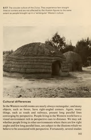9.17 The circular culture of the Zulus. They experience few straight
lines or corners and are not affected by the illusion figures to the same
extent as people brought up in a 'rectangular' Western culture.
Cultural differences
In the Western world rooms are nearly always rectangular; and many
objects, such as boxes, have right-angled corners. Again, many
things, such as roads and railways, present long parallel lines
converging by perspective. People living in the Western world have a
visual environment rich in perspective cues to distance. We may ask
whether people living in other environments where there are few right
angles and few long parallel lines, are subject to the illusions which we
believe to be associated with perspective. Fortunately, several studies
161
 
