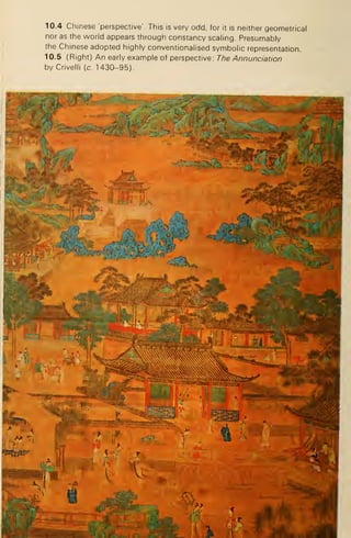 10.4 Chinese 'perspective'. This is very odd, for it is neither geometrical
nor as the world appears through constancy scaling. Presumably
the Chinese adopted highly conventionalised symbolic representation.
10.5 (Right) An early example of perspective: The Annunciation
by Crivelli (c. 1430-95).
 