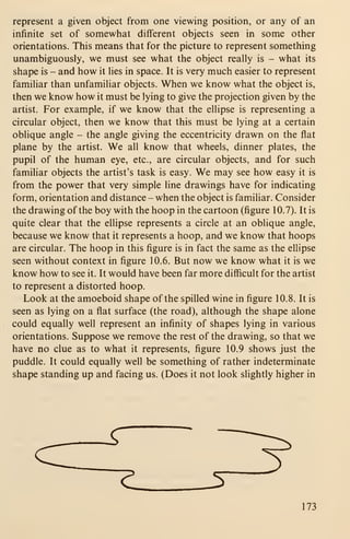represent a given object from one viewing position, or any of an
infinite set of somewhat different objects seen in some other
orientations. This means that for the picture to represent something
unambiguously, we must see what the object really is - what its
shape is - and how it lies in space. It is very much easier to represent
familiar than unfamiliar objects. When we know what the object is,
then we know how it must be lying to give the projection given by the
artist. For example, if we know that the ellipse is representing a
circular object, then we know that this must be lying at a certain
oblique angle - the angle giving the eccentricity drawn on the flat
plane by the artist. We all know that wheels, dinner plates, the
pupil of the human eye, etc., are circular objects, and for such
familiar objects the artist's task is easy. We may see how easy it is
from the power that very simple line drawings have for indicating
form, orientation and distance - when the object is familiar. Consider
the drawing of the boy with the hoop in the cartoon (figure 10.7). It is
quite clear that the ellipse represents a circle at an oblique angle,
because we know that it represents a hoop, and we know that hoops
are circular. The hoop in this figure is in fact the same as the ellipse
seen without context in figure 10.6. But now we know what it is we
know how to see it. It would have been far more difficult for the artist
to represent a distorted hoop.
Look at the amoeboid shape of the spilled wine in figure 10.8. It is
seen as lying on a flat surface (the road), although the shape alone
could equally well represent an infinity of shapes lying in various
orientations. Suppose we remove the rest of the drawing, so that we
have no clue as to what it represents, figure 10.9 shows just the
puddle. It could equally weU be something of rather indeterminate
shape standing up and facing us. (Does it not look slightly higher in
r
Z
173
 