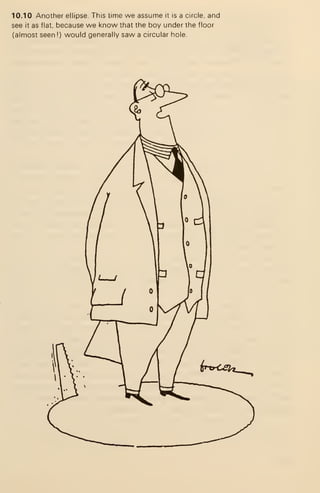10.10 Another ellipse. This time we assume it is a circle, and
see it as flat, because we know that the boy under the floor
(almost seen!) would generally saw a circular hole.
 