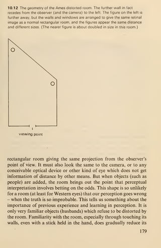 10.12 The geometry of the Ames distorted room. The further wall in fact
recedes from the observer (and the camera) to the left. The figure on the left is
further away, but the walls and windows are arranged to give the same retinal
image as a normal rectangular room, and the figures appear the same distance
and different sizes. (The nearer figure is about doubled in size in this room.)
viewing point
rectangular room giving the same projection from the observer's
point of view. It must also look the same to the camera, or to any
conceivable optical device or other kind of eye which does not get
information of distance by other means. But when objects (such as
people) are added, the room brings out the point that perceptual
interpretation involves betting on the odds. This shape is so unlikely
for a room (at least for Western eyes) that our perception goes wrong
- when the truth is so improbable. This tells us something about the
importance of previous experience and learning in perception. It is
only very familiar objects (husbands) which refuse to be distorted by
the room. Familiarity with the room, especially through touching its
walls, even with a stick held in the hand, does gradually reduce its
179
 