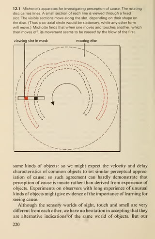 12.1 Michotte's apparatus for investigating perception of cause. The rotating
disc carries lines. A small section of each line is viewed through a fixed
slot. The visible sections move along the slot, depending on their shape on
the disc. (Thus a co-axial circle would be stationary, while any other form
will move.) Michotte finds that when one moves and touches another, which
then moves off. its movement seems to be caused by the blow of the first.
viewing slot in mask rotating disc
, ,
^ '" "~"-
^»
^ / 
/ 
_ 
/'
/  ^,   • 
/
/
/
1
1
1
—
L
1 1 II
" /J 1 '^
 "^
 ^ /
 ^ > /
 /
 /
 /
 /
 y
 /y^^ . ^^
—
'
same kinds of objects : so we might expect the velocity and delay
characteristics of common objects to set similar perceptual apprec-
iation of cause: so such agreement can hardly demonstrate that
perception of cause is innate rather than derived from experience of
objects. Experiments on observers with long experience of unusual
kinds of objects might give evidence of the importance of learning for
seeing cause.
Although the sensory worlds of sight, touch and smell are very
different from each other, we have no hesitation in accepting that they
are alternative indications of the same world of objects. But our
220
 