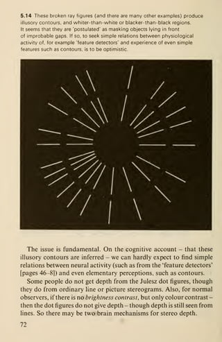 5.14 These broken ray figures (and there are many other examples) produce
illusory contours, and whiter-than-white or blacker-than-black regions.
It seems that they are 'postulated' as masking objects lying in front
of improbable gaps. If so, to seek simple relations between physiological
activity of, for example 'feature detectors' and experience of even simple
features such as contours, is to be optimistic
The issue is fundamental. On the cognitive account - that these
illusory contours are inferred - we can hardly expect to find simple
relations between neural activity (such as from the 'feature detectors'
[pages 46-81) and even elementary perceptions, such as contours.
Some people do not get depth from the Julesz dot figures, though
they do from ordinary line or picture stereograms. Also, for normal
observers, if there is no brightness contrast, but only colour contrast -
then the dot figures do not give depth - though depth is still seen from
lines. So there may be two brain mechanisms for stereo depth.
72
 