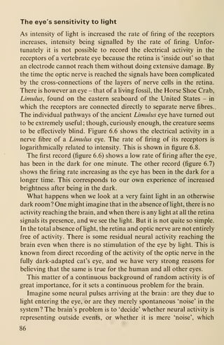 The eye's sensitivity to light
As intensity of light is increased the rate of firing of the receptors
increases, intensity being signalled by the rate of firing. Unfor-
tunately it is not possible to record the electrical activity in the
receptors of a vertebrate eye because the retina is 'inside out' so that
an electrode cannot reach them without doing extensive damage. By
the time the optic nerve is reached the signals have been complicated
by the cross-connections of the layers of nerve cells in the retina.
There is however an eye - that of a living fossil, the Horse Shoe Crab,
Limulus, found on the eastern seaboard of the United States - in
which the receptors are connected directly to separate nerve fibres..
The individual pathways of the ancient Limulus eye have turned out
to be extremely useful ; though, curiously enough, the creature seems
to be effectively bhnd. Figure 6.6 shows the electrical activity in a
nerve fibre of a Limulus eye. The rate of firing of its receptors is
logarithmically related to intensity. This is shown in figure 6.8.
The first record (figure 6.6) shows a low rate of firing after the eye.
has been in the dark for one minute. The other record (figure 6.7)
shows the firing rate increasing as the eye has been in the dark for a
longer time. This corresponds to our own experience of increased
brightness after being in the dark.
What happens when we look at a very faint light in an otherwise
dark room? One might imagine that in the absence of light, there is no
activity reaching the brain, and when there is any light at all the retina
signals its presence, and we see the light. But it is not quite so simple.
In the total absence of light, the retina and optic nerve are not entirely
free of activity. There is some residual neural activity reaching the
brain even when there is no stimulation of the eye by light. This is
known from direct recording of the activity of the optic nerve in the
fully dark-adapted cat's eye, and we have very strong reasons for
believing that the same is true for the human and all other eyes.
This matter of a continuous background of random activity is of
great importance, for it sets a continuous problem for the brain.
Imagine some neural pulses arriving at the brain : are they due to
light entering the eye, or are they merely spontaneous 'noise' in the
system? The brain's problem is to 'decide' whether neural activity is
representing outside events, or whether it is mere 'noise', which
86
 