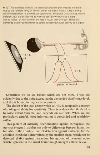 6.10 This attempts to show the statistical problem presented to the brain
due to the random firing of nerves. When the signal field (/ + A/) is being
discriminated from its dimmer background (/) the pulse rates are not always
different, but are distributed as in the graph. So we may see a 'light'
due to 'noise', or miss it when the rate is lower than average. The brain
demands a significant difference before accepting neural activity as a signal.
pulses per second
Sometimes we do see flashes which are not there. These are
evidently due to the noise exceeding the demanded significance level,
and this is bound to happen on occasions.
The choice of the level above which activity is accepted is a matter
of trading reliability for sensitivity. There is evidence that this level is
to some extent variable, and depends on our 'set'. When we are
particularly careful, more information is demanded and sensitivity
suffers.
This picture of intensity discrimination applies throughout the
nervous system. It applies not only to differences between intensities
but also to the absolute limit of detection against darkness, for the
absolute threshold is determined by the smallest signal which can be
detected reliably against the random background of the neural noise
which is present in the visual brain though no light enters the eye.
91
 
