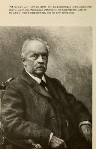 7.2 Hermann von Helmholtz (1 821-94), the greatest figure in the experimental
study of vision His Physiological Optics is still the most important work on
the subject: indeed, disappointingly little has been added since.
r^"
 