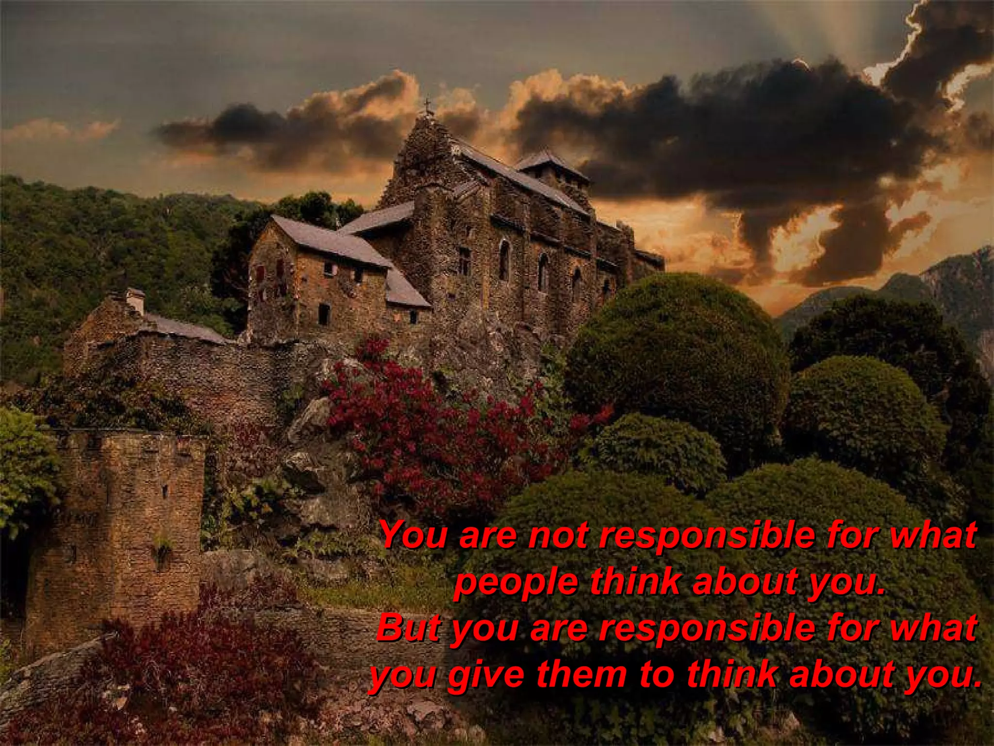 You are not responsible for what people think about you.  But you are responsible for what you give them to think about you.  STANLEY FERRARD   