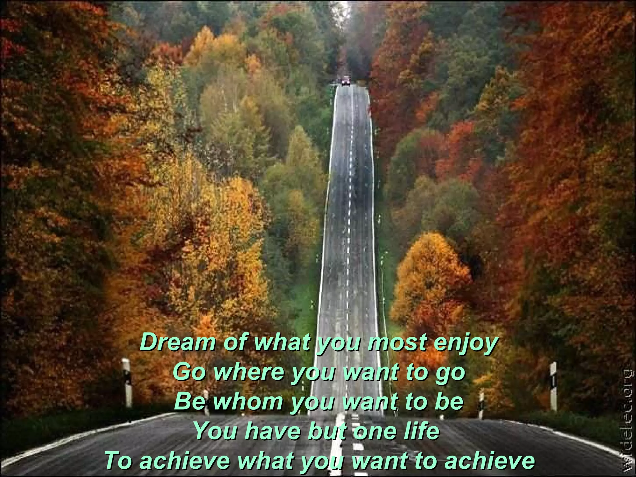 Dream of what you most enjoy Go where you want to go Be whom you want to be You have but one life  To achieve what you want to achieve 