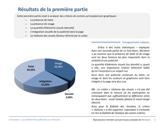 Résultats de la première partie
        Cette première partie visait à analyser des critères de contenu principalement graphiques :
               – La présence de texte
               – La présence de visage
               – La quantité d’éléments visuels (densité)
               – L’intégration visuelle de la publicité dans la page
               – Le réalisme des visuels (facteur éliminé par la suite)

                                                                                                          Enseignements majeurs
                                                                                  Grâce à des outils statistiques – expliqués
                                                                           dans une seconde partie de ce livre blanc, Miratech
                                                                           a pu montrer que la présence de texte et de visage
                                                                           sont les deux facteurs les plus impactants dans la
                                                                           visibilité d’une publicité.
                                                 Visage                    La quantité d’éléments visuels (ou densité) a, quant
                    Texte                        36,50%                    à elle, une importance relative tellement faible
                   39,50%                                                  qu’on l’associera à un impact nul.
                                                                           Ainsi donc une publicité contenant du texte, un
                                                                           visage et dont les couleurs et graphisme sont bien
                                Intégration                                intégrés à la page sera plus vue.
                                  22,00%
                                                                           NB : Le critère « réalisme des visuels » n’a pas été
                                                           Densité         concluant dans la mesure où les participants ne
                                                                           remarquaient pas suffisamment la différence entre
                                                            2,00%
                                                                           les deux états : visuel réaliste (photo) et visuel imagé
                                                                           (dessin).
                                                                           Ainsi pour la fiabilité des résultats, le critère
                                                                           « réalisme » a été supprimé. Cependant il n’entache
                                                                           en rien la fiabilité de l’analyse des autres critères.

Livre blanc - La visibilité des publicités sur internet.                    Reproduction interdite sauf permission préalable de Miratech   15
 