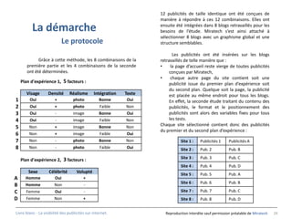 12 publicités de taille identique ont été conçues de
                                                                     manière à répondre à ces 12 combinaisons. Elles ont

          La démarche                                                ensuite été intégrées dans 8 blogs retravaillés pour les
                                                                     besoins de l’étude. Miratech s’est ainsi attaché à
                                                                     sélectionner 8 blogs avec un graphisme global et une
                            Le protocole                             structure semblables.

                                                                            Les publicités ont été insérées sur les blogs
             Grâce à cette méthode, les 8 combinaisons de la         retravaillés de telle manière que :
       première partie et les 4 combinaisons de la seconde           •     la page d’accueil reste vierge de toutes publicités
       ont été déterminées.                                               conçues par Miratech,
                                                                     •     chaque autre page du site contient soit une
    Plan d'expérience 1, 5 facteurs :                                     publicité issue du premier plan d’expérience soit
                                                                          du second plan. Quelque soit la page, la publicité
       Visage      Densité      Réalisme       Intégration   Texte        est placée au même endroit pour tous les blogs.
1       Oui            +           photo          Bonne      Oui          En effet, la seconde étude traitant du contenu des
2       Oui            +           photo           Faible    Non          publicités, le format et le positionnement des
3       Oui             -          image          Bonne      Oui          publicités sont alors des variables fixes pour tous
4       Oui             -          image           Faible    Non          les tests.
                                                                     Chaque site sélectionné contient donc des publicités
5       Non            +           image          Bonne      Non
                                                                     du premier et du second plan d’expérience :
6       Non            +           image           Faible    Oui
7       Non             -          photo          Bonne      Non               Site 1 :    Publicités 1     Publicités A
8       Non             -          photo           Faible    Oui               Site 2 :    Pub. 2           Pub. B
                                                                               Site 3 :    Pub. 3           Pub. C
    Plan d'expérience 2, 3 facteurs :
                                                                               Site 4 :    Pub. 4           Pub. D
       Sexe         Célébrité        Volupté
                                                                               Site 5 :    Pub. 5           Pub. A
A     Homme            Oui               +
                                                                               Site 6 :    Pub. 6           Pub. B
B     Homme            Non               -
C     Femme            Oui               -                                     Site 7 :    Pub. 7           Pub. C
D     Femme            Non               +                                     Site 8 :    Pub. 8           Pub. D


Livre blanc - La visibilité des publicités sur internet.               Reproduction interdite sauf permission préalable de Miratech   29
 