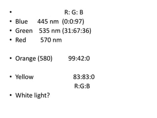 • R: G: B
• Blue 445 nm (0:0:97)
• Green 535 nm (31:67:36)
• Red 570 nm
• Orange (580) 99:42:0
• Yellow 83:83:0
R:G:B
• White light?
 