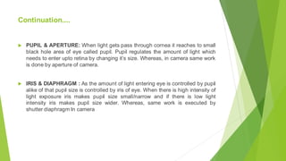 Continuation....
 PUPIL & APERTURE: When light gets pass through cornea it reaches to small
black hole area of eye called pupil. Pupil regulates the amount of light which
needs to enter upto retina by changing it’s size. Whereas, in camera same work
is done by aperture of camera.
 IRIS & DIAPHRAGM : As the amount of light entering eye is controlled by pupil
alike of that pupil size is controlled by iris of eye. When there is high intensity of
light exposure iris makes pupil size small/narrow and if there is low light
intensity iris makes pupil size wider. Whereas, same work is executed by
shutter diaphragm In camera
 