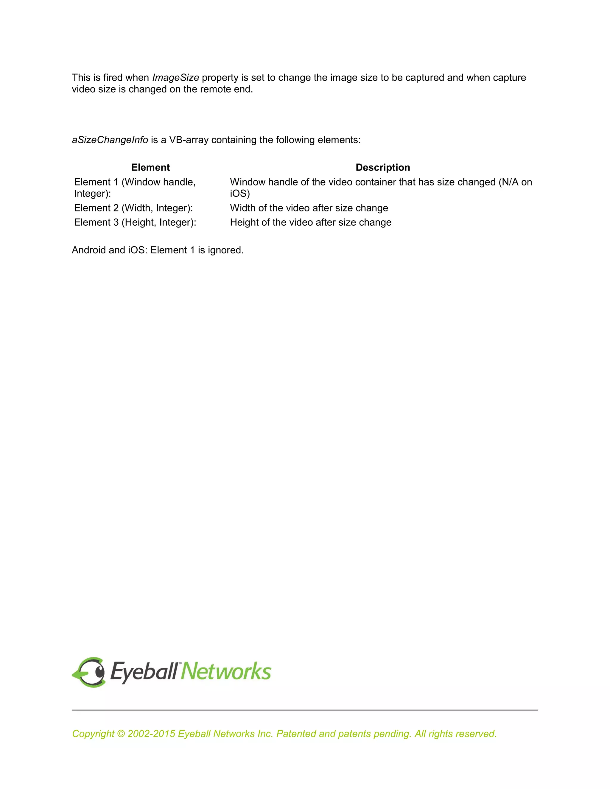 Copyright © 2002-2015 Eyeball Networks Inc. Patented and patents pending. All rights reserved.
This is fired when ImageSize property is set to change the image size to be captured and when capture
video size is changed on the remote end.
aSizeChangeInfo is a VB-array containing the following elements:
Element Description
Element 1 (Window handle,
Integer):
Window handle of the video container that has size changed (N/A on
iOS)
Element 2 (Width, Integer): Width of the video after size change
Element 3 (Height, Integer): Height of the video after size change
Android and iOS: Element 1 is ignored.
 