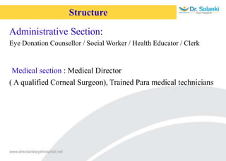 Structure
Administrative Section:
Eye Donation Counsellor / Social Worker / Health Educator / Clerk
Medical section : Medical Director
( A qualified Corneal Surgeon), Trained Para medical technicians
 