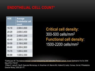 ENDOTHELIAL CELL COUNT*
AGE Average
Endothelial cell
count
10-19 2,900-3,500
20-29 2,600-3,400
30-39 2,400-3,200
40-49 2,300-3,100
50-59 2,100-2,900
60-69 2,000-2,800
70-79 1,800-2,600
80-89 1,500-2,300
Critical cell density:
300-500 cells/mm2
Functional cell density:
1500-2200 cells/mm2
*Edelhauser HF. The balance between corneal transparency and edemathe Proctor Lecture. Invest Ophthalmol Vis Sci 2006
May;47(5):1754-67.
Philips C, Laing R, Yee R. Specular Microscopy. In: Krachmer JH, Mannis MJ, Holland EJ (eds). Cornea, 2nd ed. Philadelphia:
Elsevier Mosby, 2005:261-77.
 
