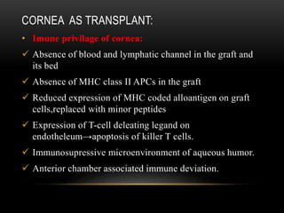 CORNEA AS TRANSPLANT:
• Imune privilage of cornea:
 Absence of blood and lymphatic channel in the graft and
its bed
 Absence of MHC class II APCs in the graft
 Reduced expression of MHC coded alloantigen on graft
cells,replaced with minor peptides
 Expression of T-cell deleating legand on
endotheleum→apoptosis of killer T cells.
 Immunosupressive microenvironment of aqueous humor.
 Anterior chamber associated immune deviation.
 