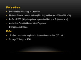 M-K medium:
• Described by Mc Caray & Kauffman.
• Mixture of tissue culture medium (TC-199) and Dextran (5%,40,000 MW)
• Buffer:HEPES (N hydroxyethyle piperazine-N-ethane Sulphonic acid)
• Antibiotics:Penicilin,Gentamicine,Polymyxin
• Storage period-96hrs.
K-Sol:
• Purified chondroitin sulphate in tissue culture medium (TC 199).
• Storage:7-10days in 40 C.
 