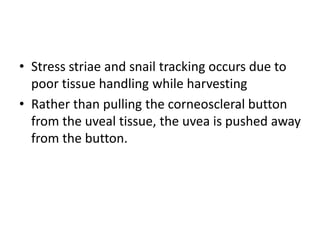 • Stress striae and snail tracking occurs due to
poor tissue handling while harvesting
• Rather than pulling the corneoscleral button
from the uveal tissue, the uvea is pushed away
from the button.
 