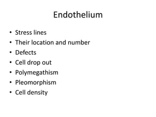 Endothelium
• Stress lines
• Their location and number
• Defects
• Cell drop out
• Polymegathism
• Pleomorphism
• Cell density
 