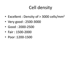 Cell density
• Excellent : Density of > 3000 cells/mm2
• Very good : 2500-3000
• Good : 2000-2500
• Fair : 1500-2000
• Poor :1200-1500
 