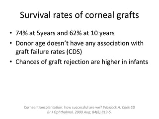 Survival rates of corneal grafts
• 74% at 5years and 62% at 10 years
• Donor age doesn’t have any association with
graft failure rates (CDS)
• Chances of graft rejection are higher in infants
Corneal transplantation: how successful are we? Waldock A, Cook SD
Br J Ophthalmol. 2000 Aug; 84(8):813-5.
 