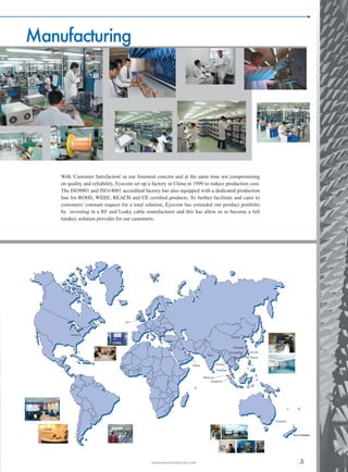 With 'Customer Satisfaction' as our foremost concern and at the same time not compromising
on quality and reliability, Eyecom set up a factory in China in 1999 to reduce production cost.
The ISO9001 and ISO14001 accredited factory has also equipped with a dedicated production
line for ROHS, WEEE, REACH and CE certified products. To further facilitate and cater to
customers' constant request for a total solution, Eyecom has extended our product portfolio
by investing in a RF and Leaky cable manufacturer and this has allow us to become a full
turnkey solution provider for our customers.
America
UK
India
Thailand
Singapore
Taiwan
Beijing
Shanghai
HK/Macau
Australia
New Zealand
Guangzhou
Malaysia
Dubai Vietnam
www.eyecom-telecom.com
Manufacturing
.3.
 