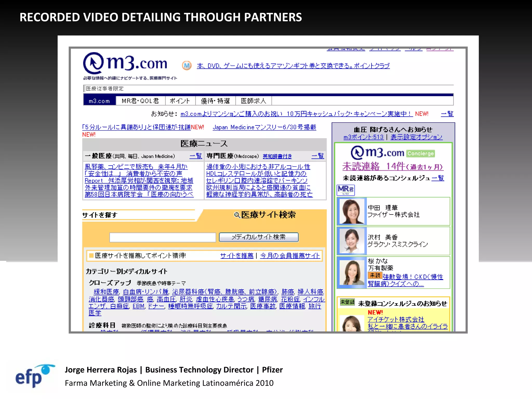 Farma Marketing & Online Marketing Latinoamérica 2010 Jorge Herrera Rojas | Business Technology Director | Pfizer RECORDED VIDEO DETAILING THROUGH PARTNERS 