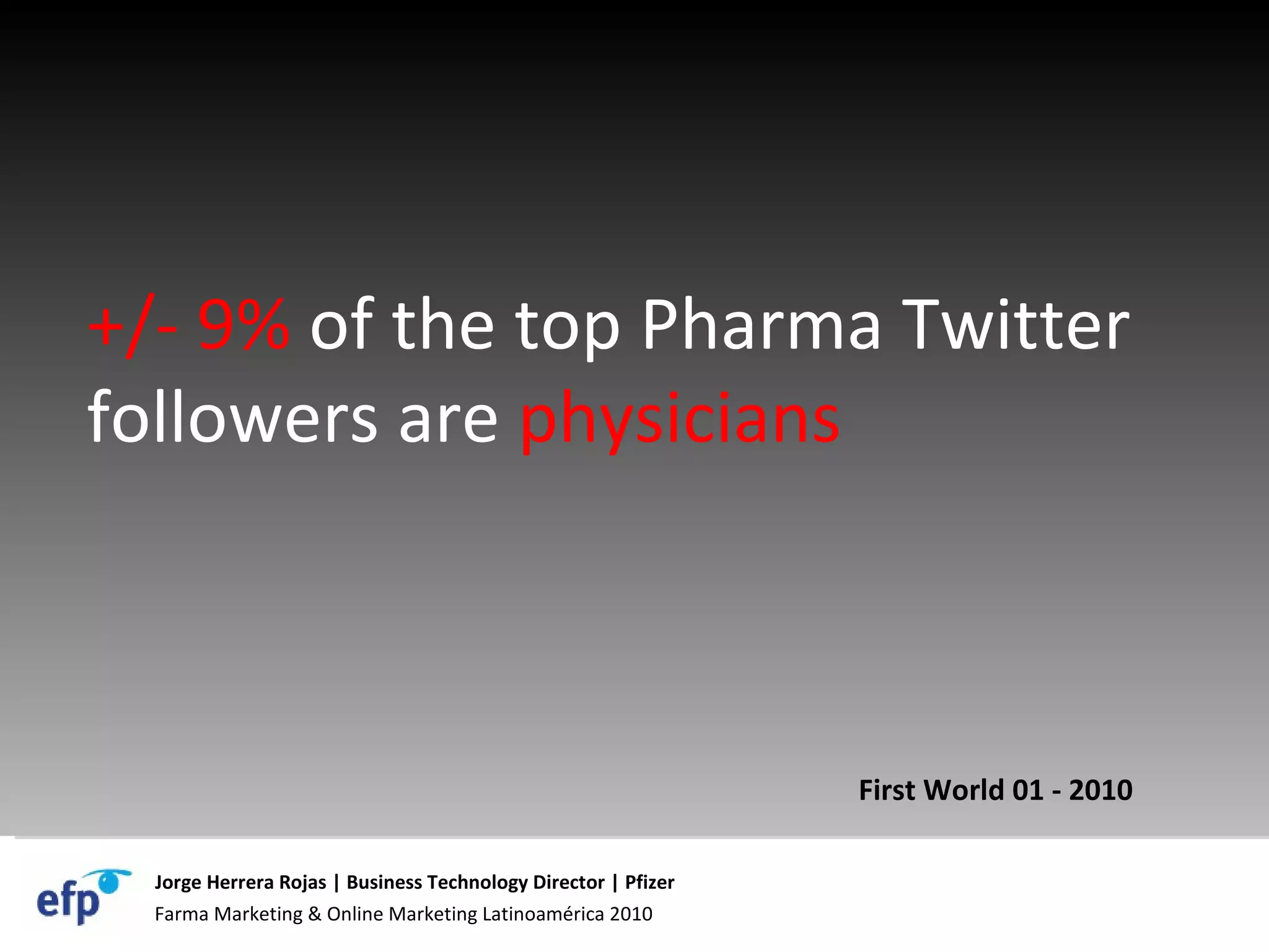 Farma Marketing & Online Marketing Latinoamérica 2010 Jorge Herrera Rojas | Business Technology Director | Pfizer +/- 9%  of the top Pharma Twitter followers are  physicians First World 01 - 2010 