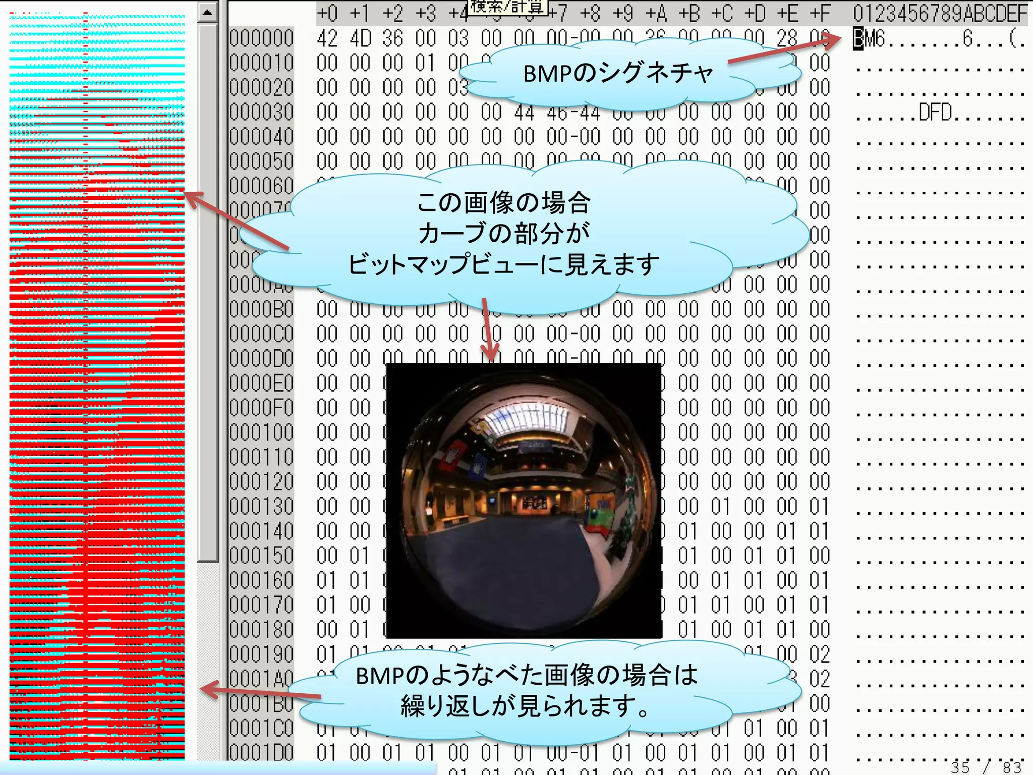BMPのシグネチャ




   この画像の場合
    カーブの部分が
ビットマップビューに見えます




BMPのようなべた画像の場合は
   繰り返しが見られます。

                   35 / 83
 