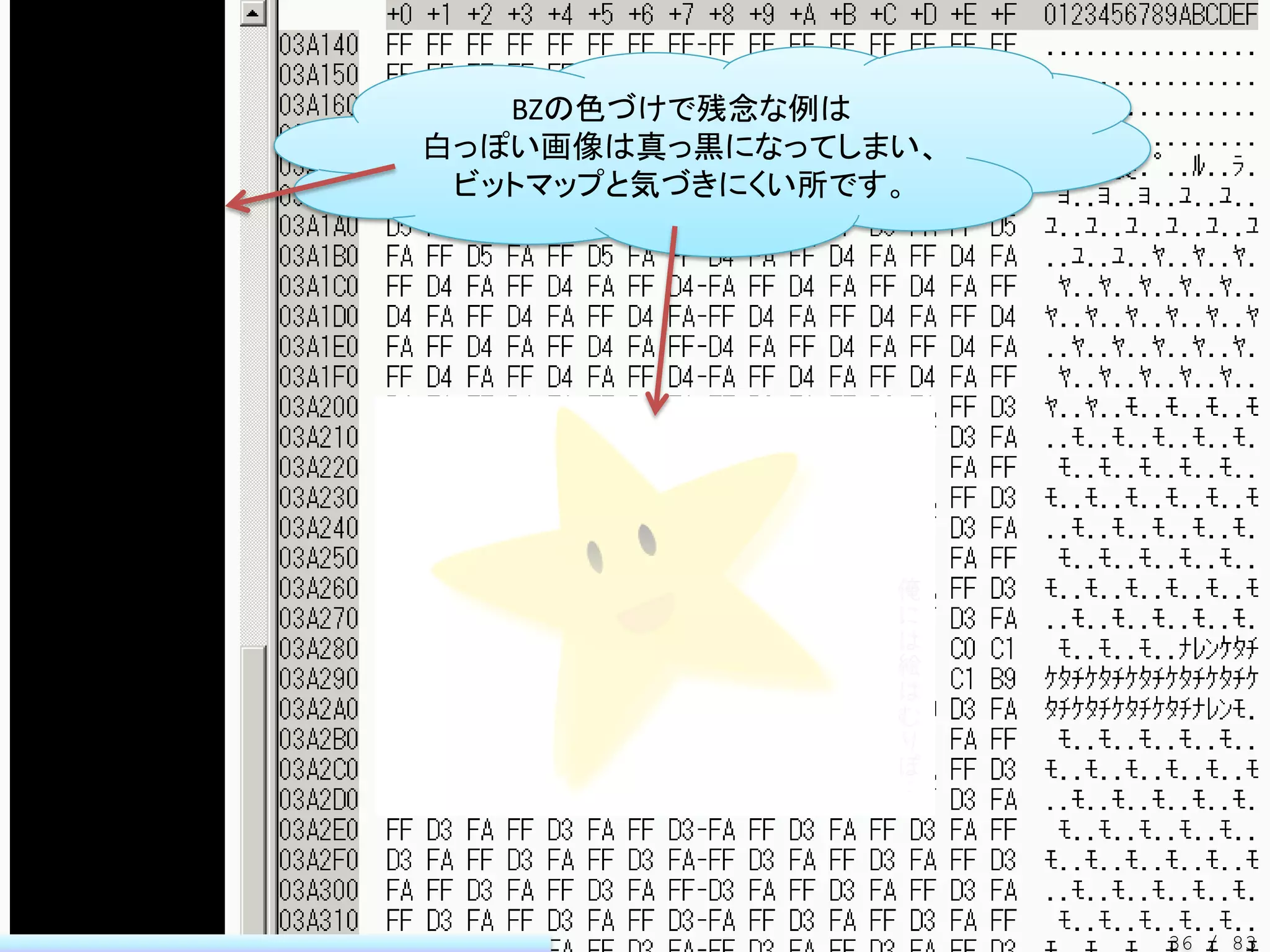 BZの色づけで残念な例は
白っぽい画像は真っ黒になってしまい、
 ビットマップと気づきにくい所です。




                     36 / 83
 
