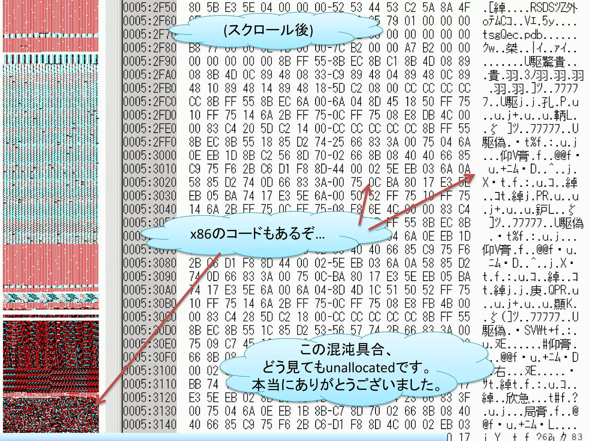 (スクロール後)




x86のコードもあるぞ…




         この混沌具合、
      どう見てもunallocatedです。
     本当にありがとうございました。


                            63 / 83
 