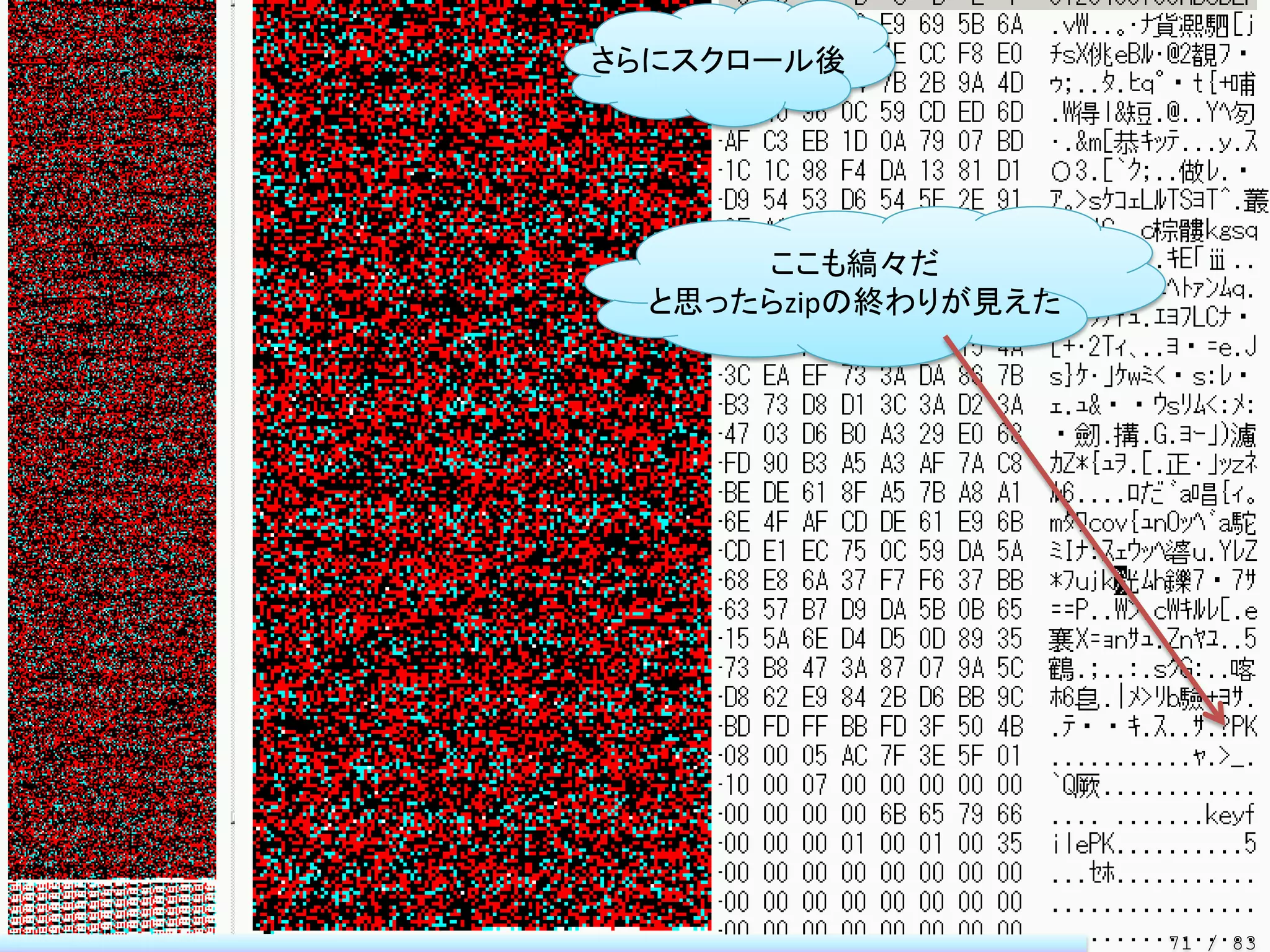 さらにスクロール後




      ここも縞々だ
  と思ったらzipの終わりが見えた




                     71 / 83
 
