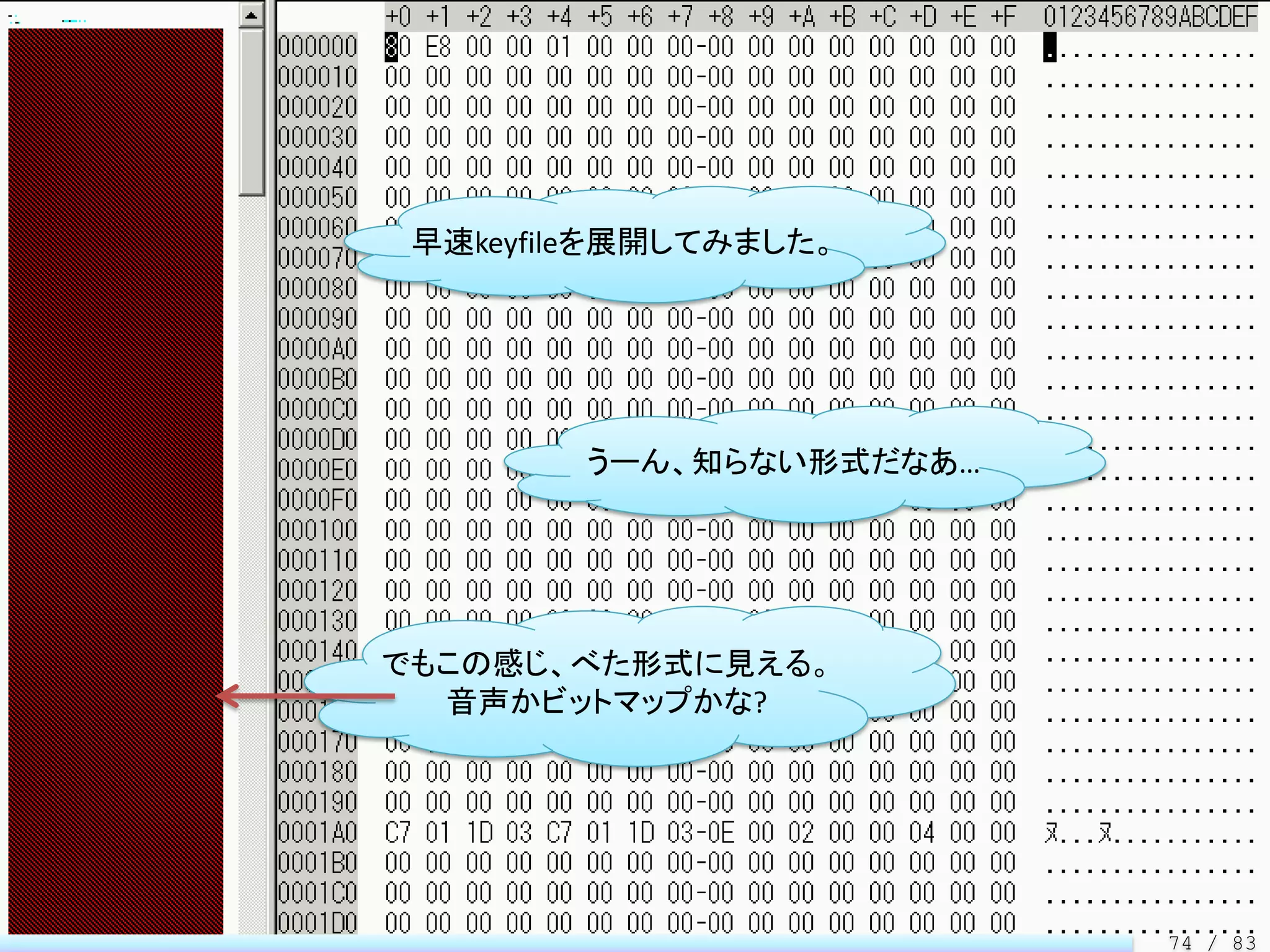早速keyfileを展開してみました。




        うーん、知らない形式だなあ…




でもこの感じ、べた形式に見える。
  音声かビットマップかな?




                         74 / 83
 