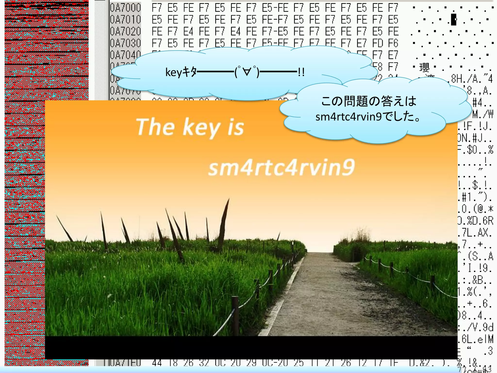 keyｷﾀ━━━(ﾟ∀ﾟ)━━━!!

                      この問題の答えは
                     sm4rtc4rvin9でした。




                                        77 / 83
 