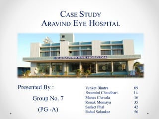 CASE STUDY
ARAVIND EYE HOSPITAL
Venket Bhutra 09
Swamini Chaudhari 14
Manas Chawda 16
Ronak Momaya 35
Sanket Phal 42
Rahul Solankar 56
Presented By :
Group No. 7
(PG -A)
 