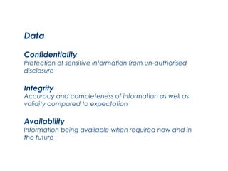 Data
Confidentiality

Protection of sensitive information from un-authorised
disclosure

Integrity

Accuracy and completeness of information as well as
validity compared to expectation

Availability

Information being available when required now and in
the future

	
  
	
  

 