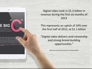 Digital video took in $1.3 billion in
revenue during the first six months of
2013
This represents an uptick of 24% over
the first half of 2012, at $1.1 billion
“Digital video delivers avid viewership
and strong brand-building
opportunities.”
(IAB Internet Advertising Revenue Report2013)

 