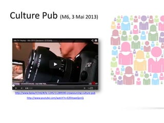 Culture Pub (M6, 3 Mai 2013)

http://www.6play.fr/m6/#/le-1245/11289590-crowsourcing-culture-pub
http://www.youtube.com/watch?v=EZ0VyweQonQ

 