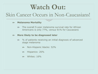 Watch Out:
Skin Cancer Occurs in Non-Caucasians!


Melanoma Mortality





The overall 5-year melanoma survival rate fo...