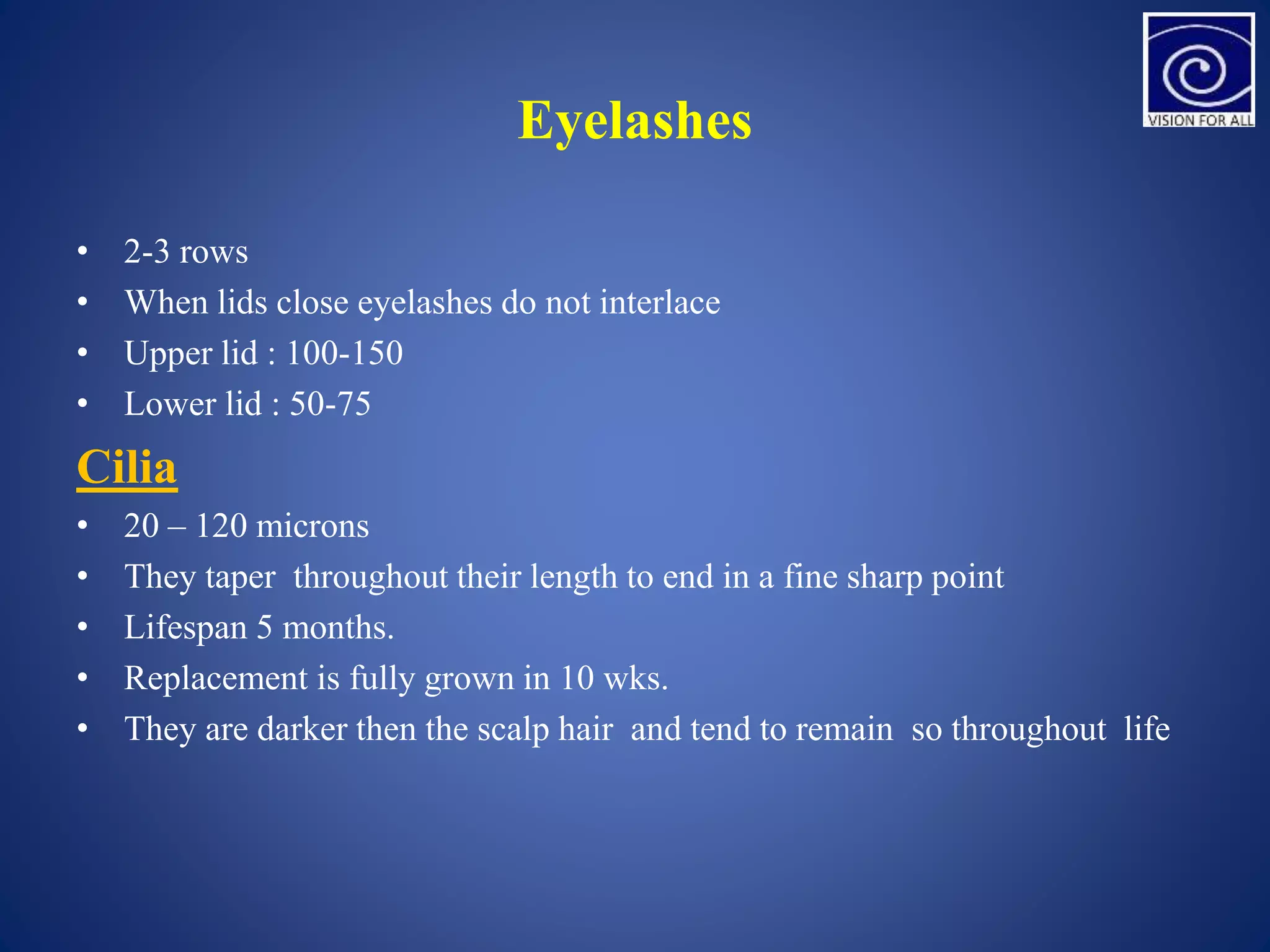 Eyelashes
• 2-3 rows
• When lids close eyelashes do not interlace
• Upper lid : 100-150
• Lower lid : 50-75
Cilia
• 20 – 120 microns
• They taper throughout their length to end in a fine sharp point
• Lifespan 5 months.
• Replacement is fully grown in 10 wks.
• They are darker then the scalp hair and tend to remain so throughout life
 