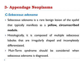 C-Sebaceous adenoma
 Sebaceous adenoma is a rare benign lesion of the eyelid
that typically manifests as a yellow, circumscribed
nodule.
 Histologically, it is composed of multiple sebaceous
lobules that are irregularly shaped and incompletely
differentiated.
 Muir-Torre syndrome should be considered when
sebaceous adenoma is diagnosed.
3- Appendage Neoplasms
 