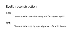 Eyelid reconstruction
GOAL :
To restore the normal anatomy and function of eyelid .
AIM :
To restore the layer by layer alignment of the lid tissues.
 