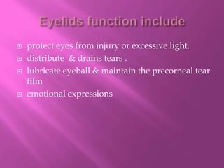  protect eyes from injury or excessive light.
 distribute & drains tears .
 lubricate eyeball & maintain the precorneal tear
film
 emotional expressions
 