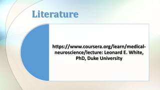 https://www.coursera.org/learn/medical-
neuroscience/lecture: Leonard E. White,
PhD, Duke University
Literature
 